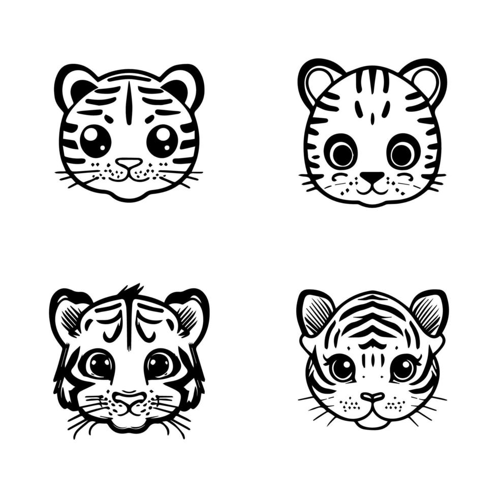 un conjunto de mano dibujado, linda kawaii Tigre cabeza logotipos, presentando varios expresiones y poses en encantador anime estilo ilustraciones vector