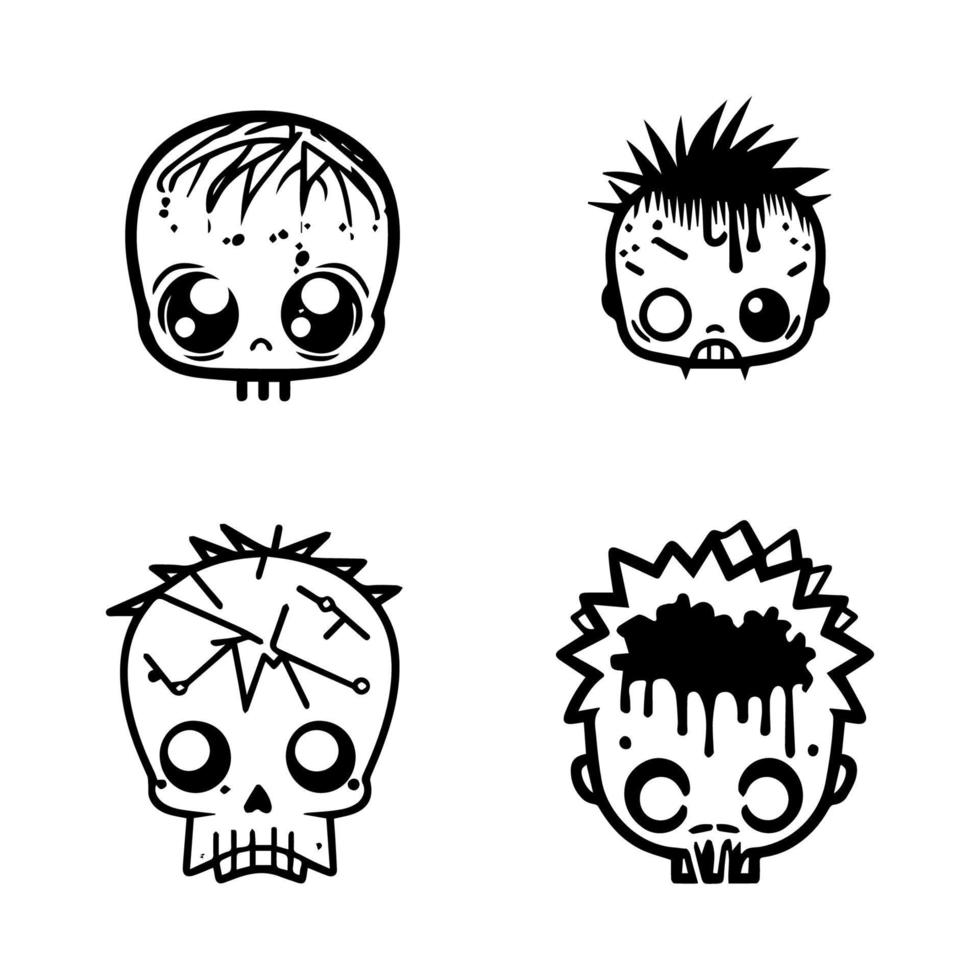 Playful and quirky Hand drawn kawaii zombie head collection set, featuring cute and charming line art illustrations of undead cuteness vector