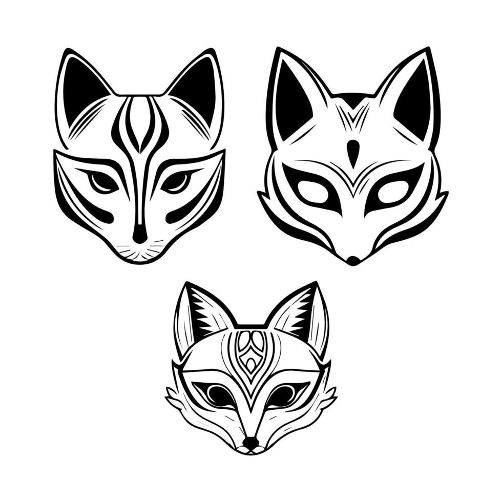 Enchanting and mystical Hand drawn collection set of cute Japanese kitsune masks, evoking a sense of traditional folklore and fox magic vector
