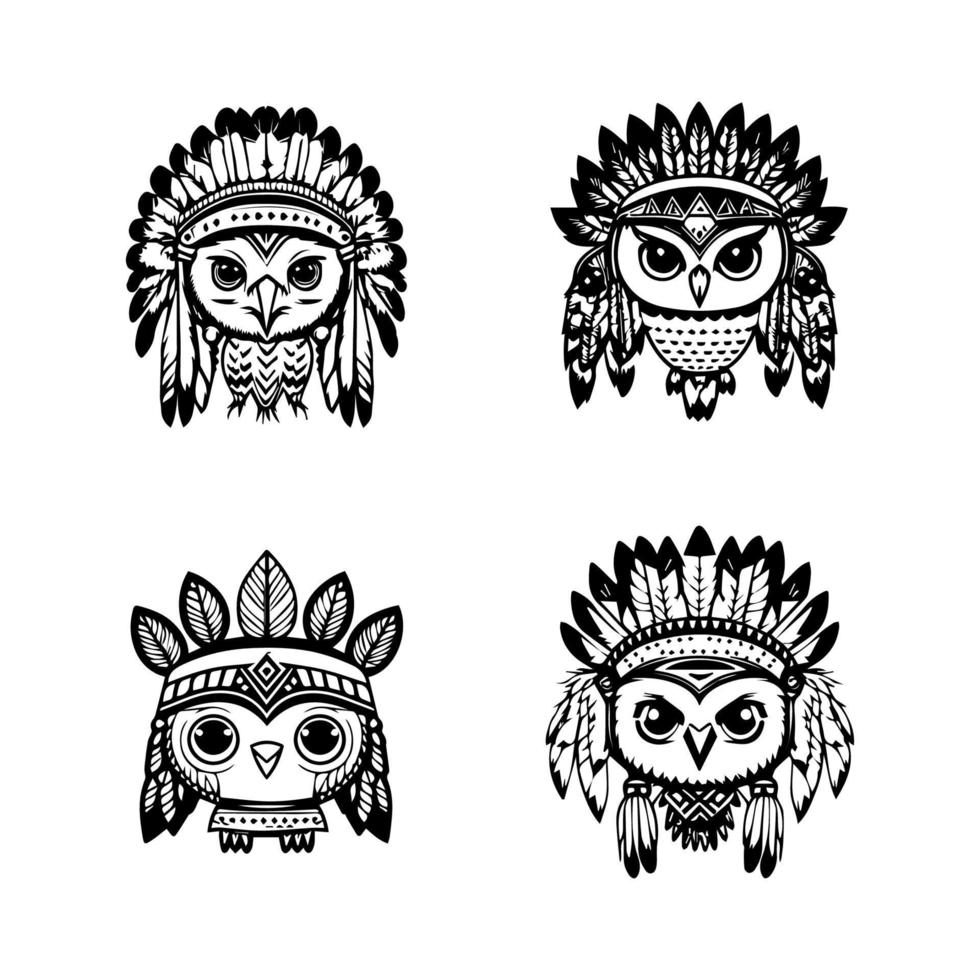 cute kawaii owl wearing indian chief accessories collection set hand drawn illustration vector