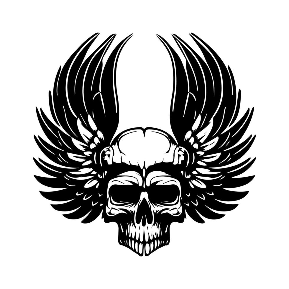 Bold and striking black and white Hand drawn illustration of a chicano skull with wings tattoo design, exuding power and edginess vector