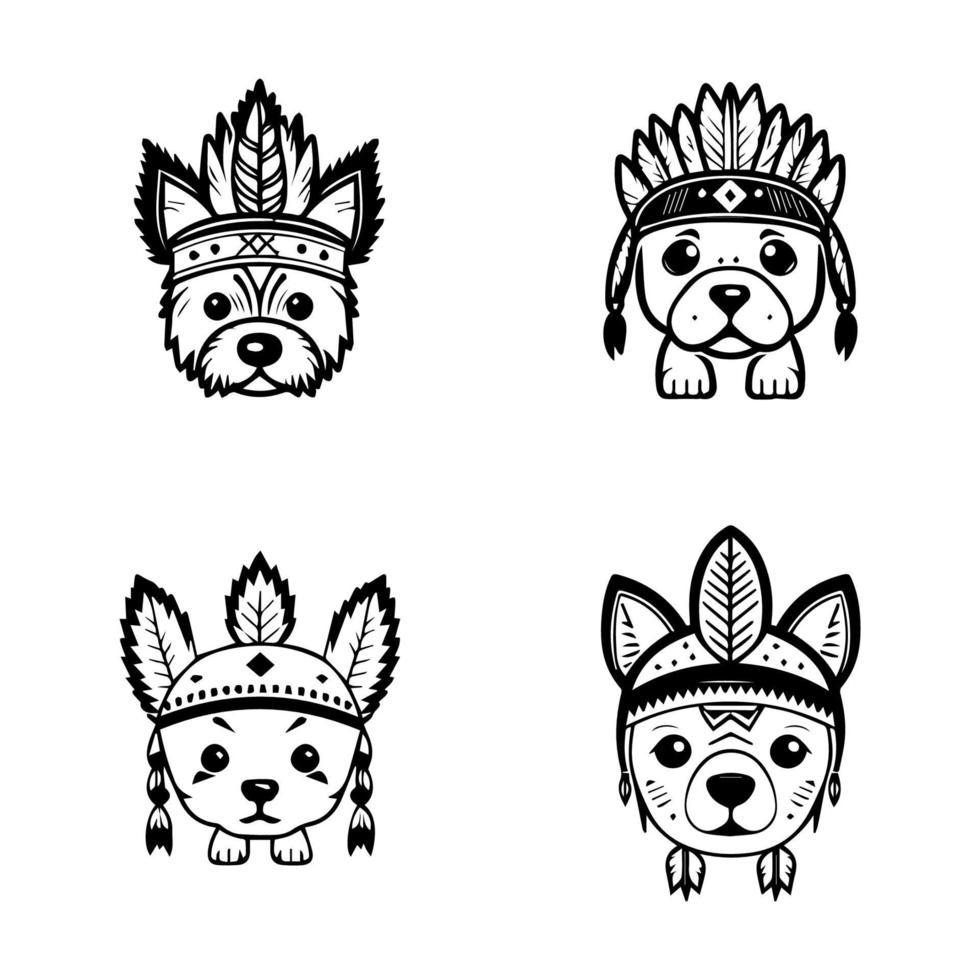 A set of cute kawaii anime dog heads wearing Indian chief accessories, depicted in Hand drawn line art illustrations vector