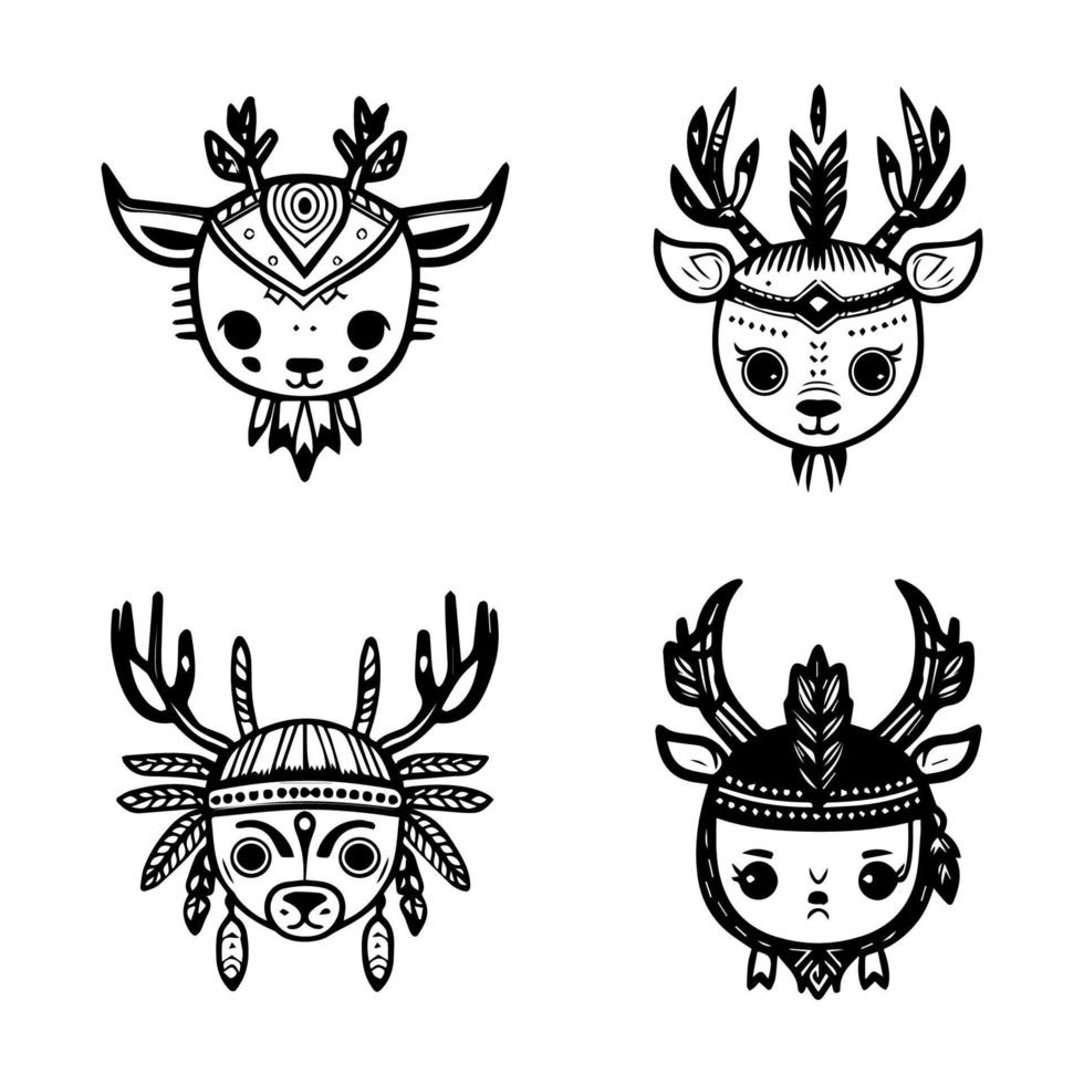 A cute kawaii deer head logo collection set, adorned with Indian chief accessories. Hand drawn with love and intricate details vector