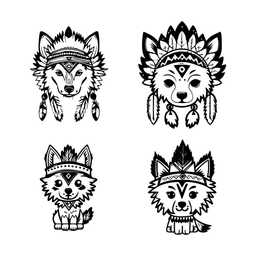 Unleash your wild side with our cute kawaii wolf logo wearing Indian chief accessories collection. Hand drawn with love, these illustrations are sure to add a touch of playfulness and strength vector