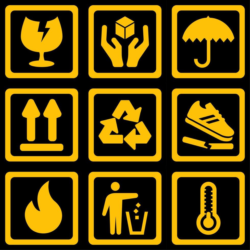 Packaging symbol. Set icon of miscellaneous symbol on the package. Symbol of fragile, handle with care, keep dry, upward, recycle, don't trample, flammable, don't litter and temperature. Caution icon vector