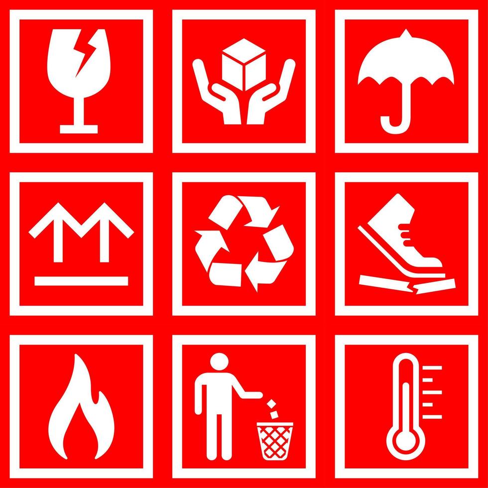 Packaging symbol. Set icon of miscellaneous symbol on the package. Symbol of fragile, handle with care, keep dry, upward, recycle, don't trample, flammable, don't litter and temperature. Caution icon vector