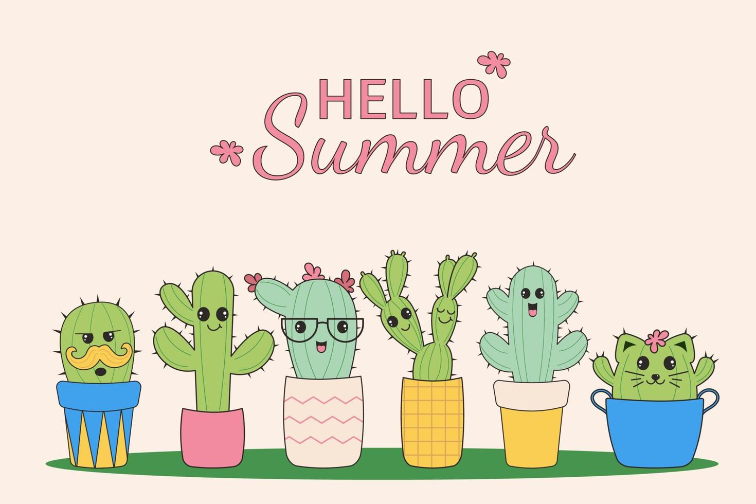 Hello summer background with cute kawaii cacti vector
