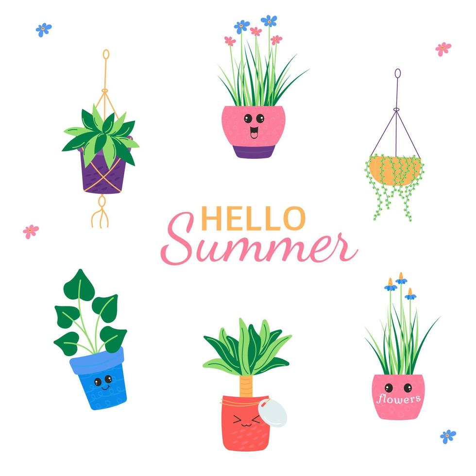 Hello summer background with cute kawaii plants vector
