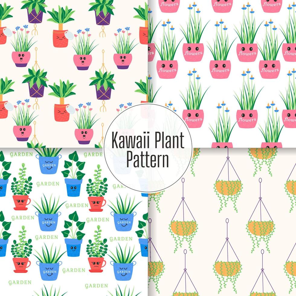 Collection of seamless kawaii pattern house plants. vector