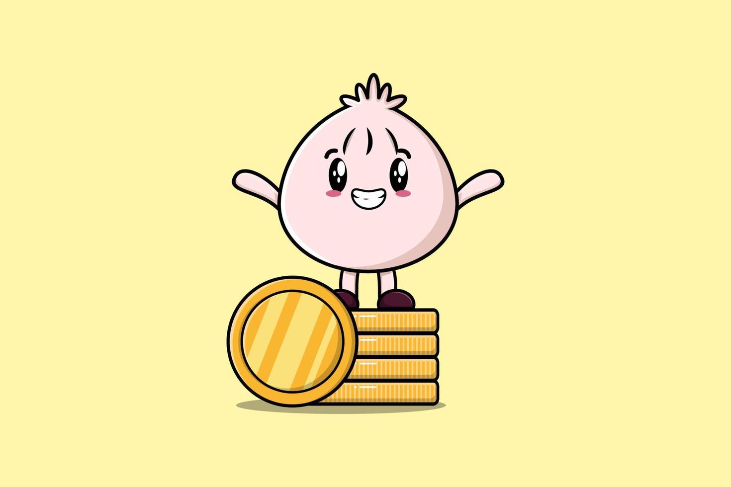 Cute cartoon Dim sum standing in stacked gold coin vector