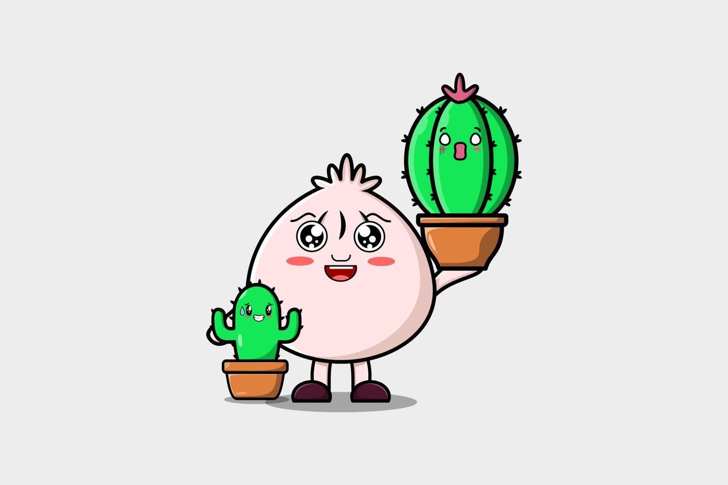 Cute cartoon Dim sum character hold cactus plant vector