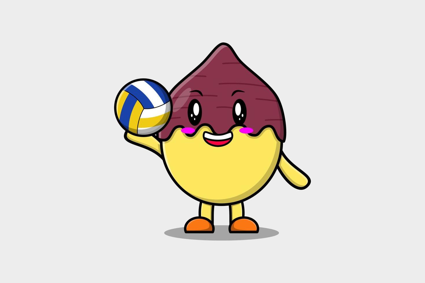 dibujos animados dulce patata personaje jugando vóleibol vector