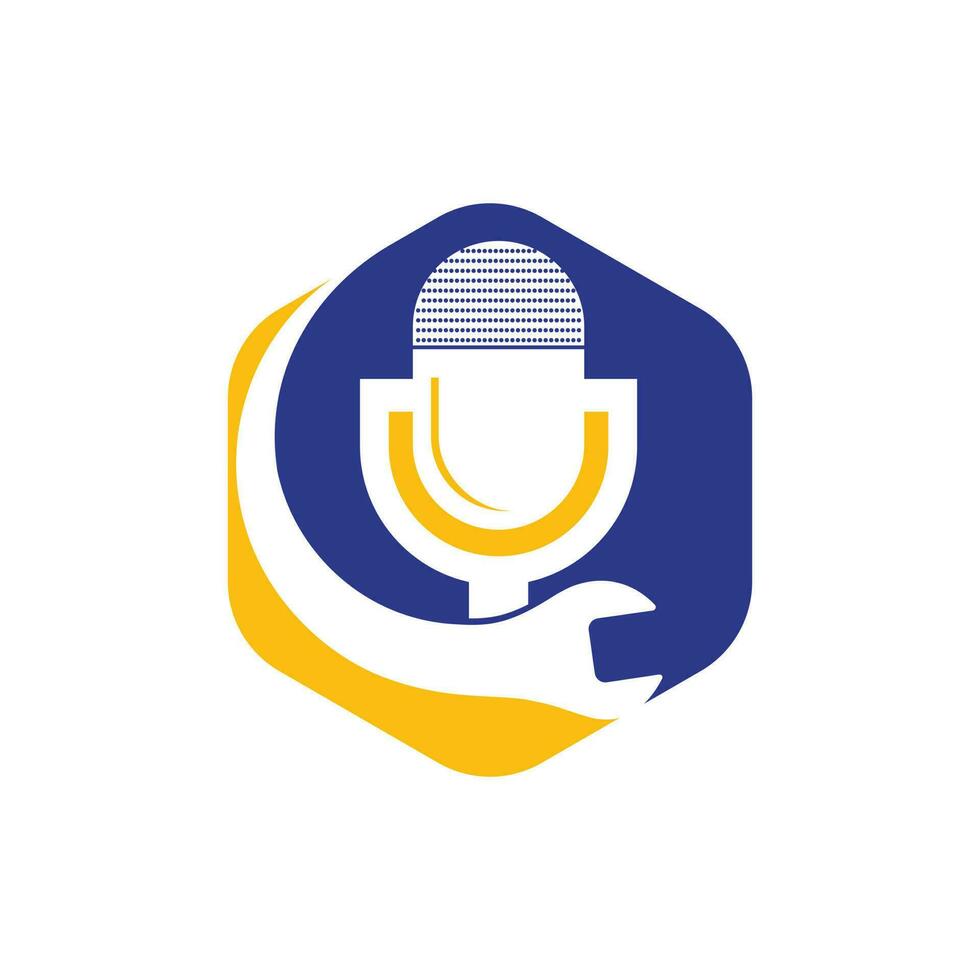 reparar el diseño del logotipo del vector de podcast. diseño de icono de llave inglesa y micrófono.