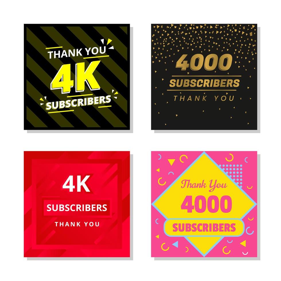 Thank you 4k subscribers set template vector. 4000 subscribers. 4k subscribers colorful design vector. thank you four thousand subscribers vector