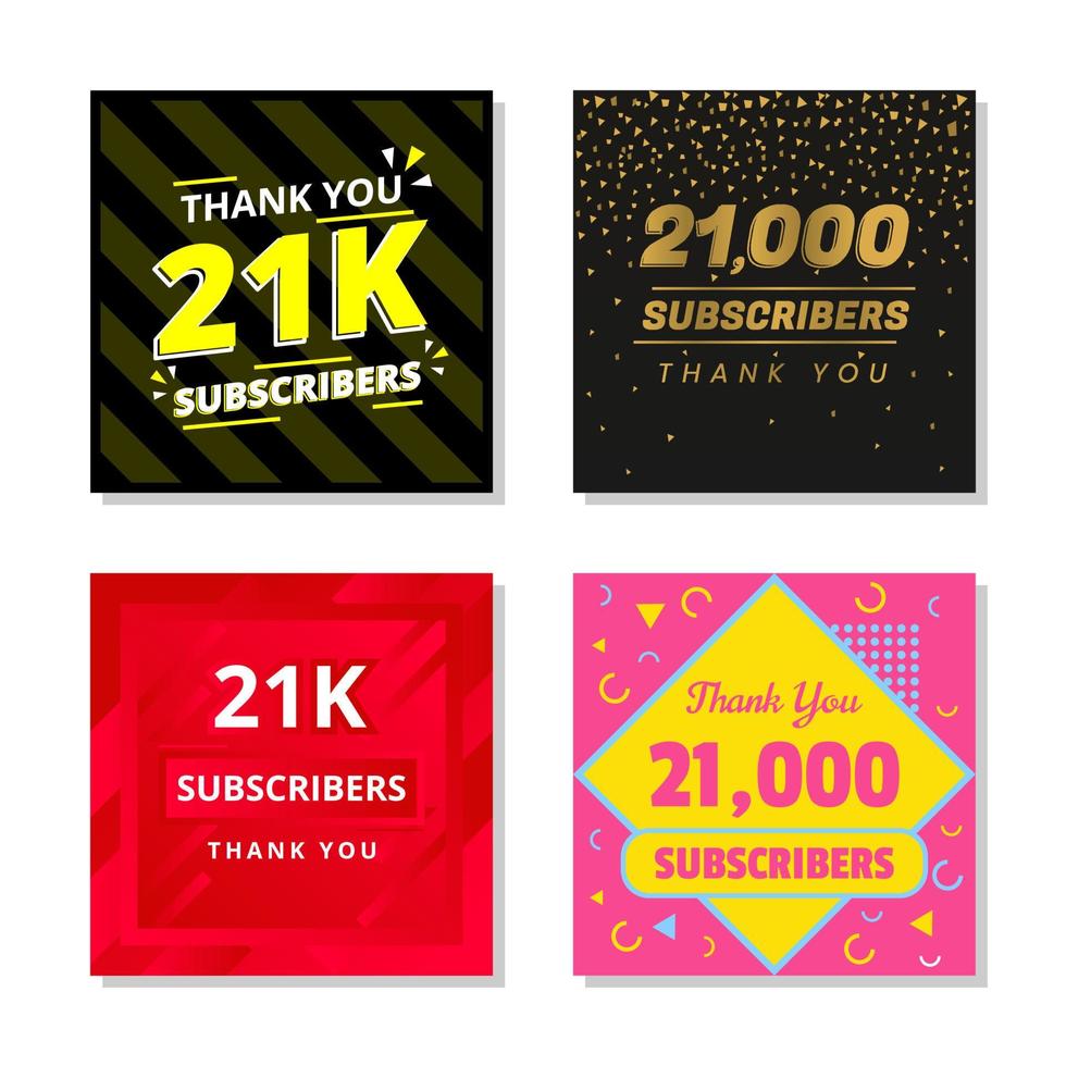 Thank you 21k subscribers set template vector. 21000 subscribers. 21k subscribers colorful design vector. thank you twenty one thousand subscribers vector