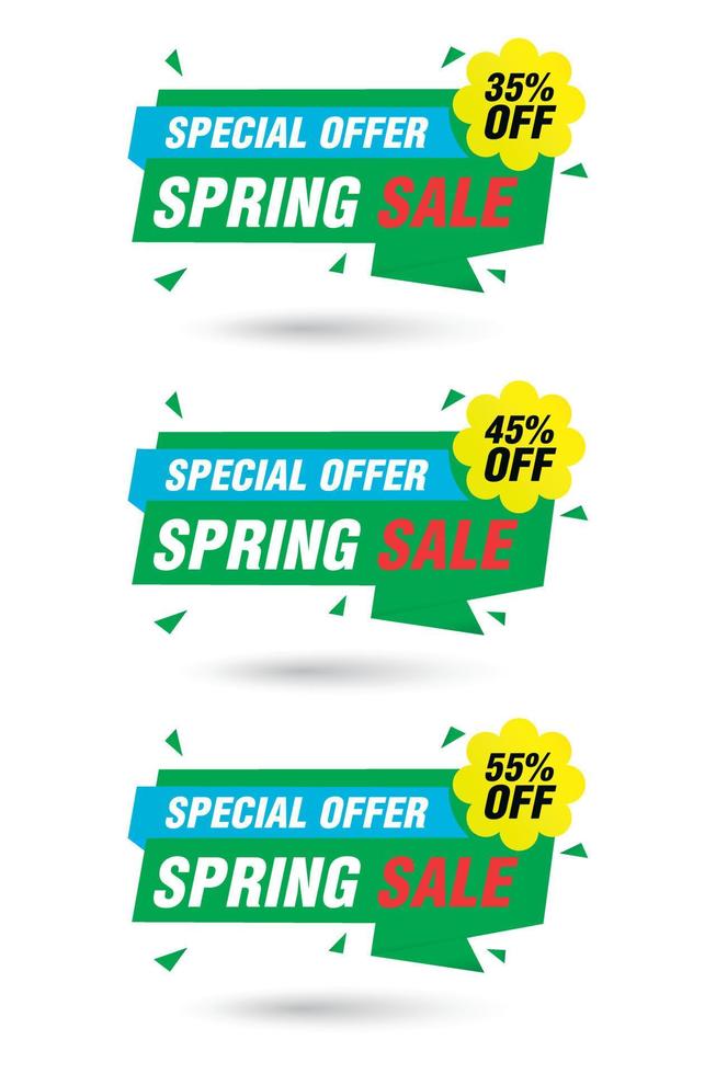 Special offer spring sale green labels set. Sale 35, 45, 55 off discount vector