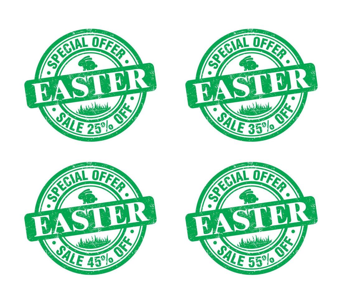 Easter sale green grunge stamp set. Special offer 25, 35, 45, 55 percent off vector