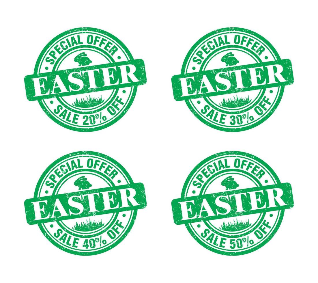 Easter sale green grunge stamp set. Special offer 20, 30, 40, 50 percent off vector