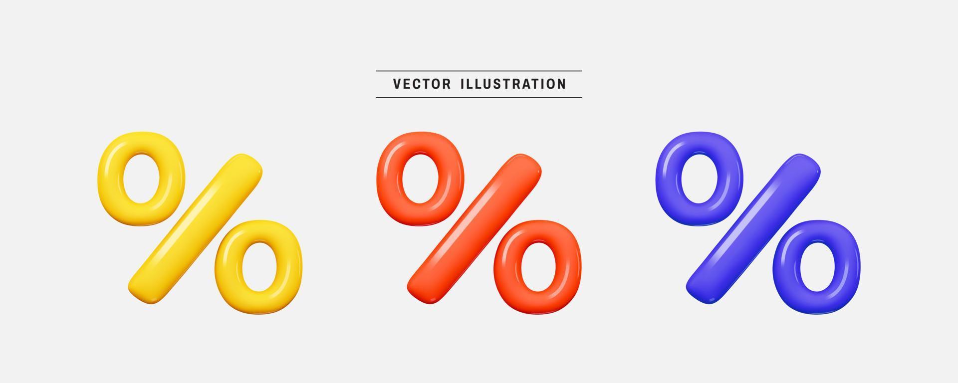 Set of percent sign 3d icon render realistic colorful design element in cartoon minimal style vector