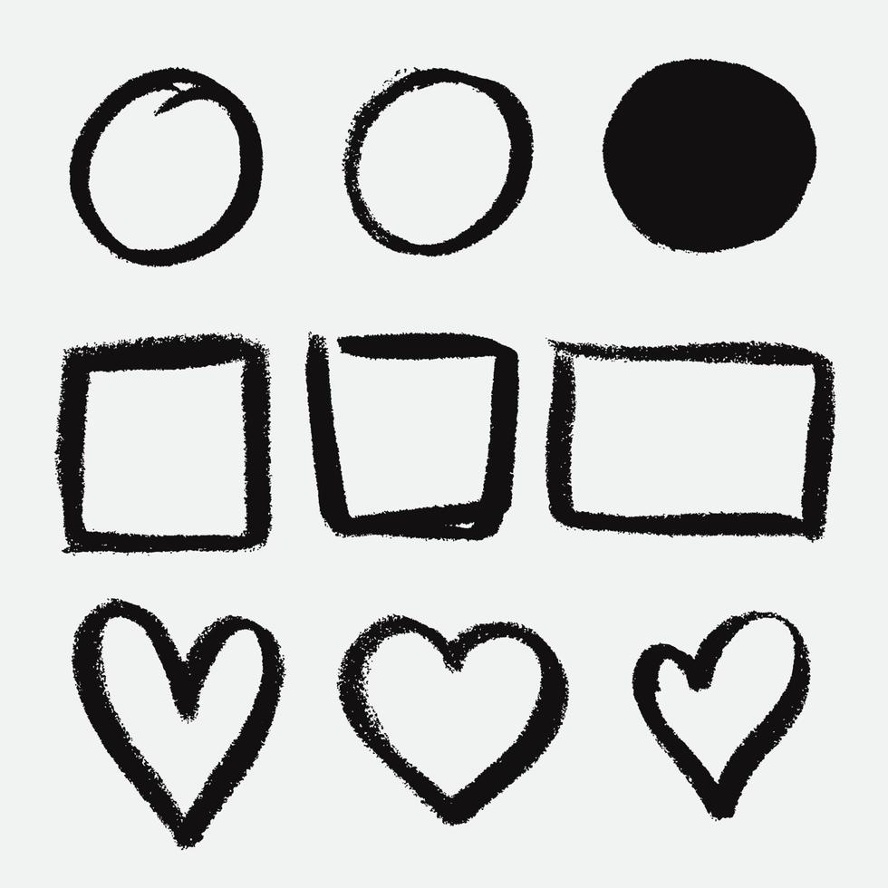 Box frame shape, circle and heart symbol hand drawn charcoal vector