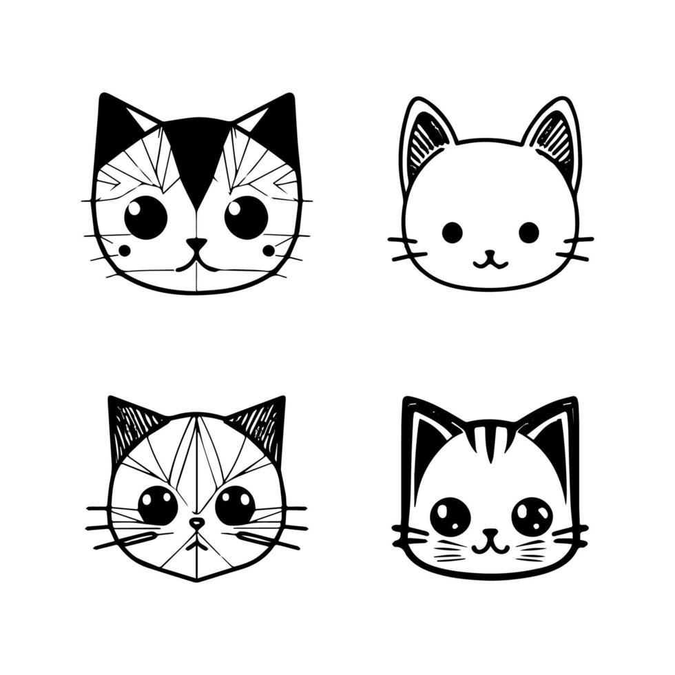adorable felino amigos. esta linda anime gato cabeza colección conjunto caracteristicas mano dibujado línea Arte ilustraciones Perfecto para gato amantes vector