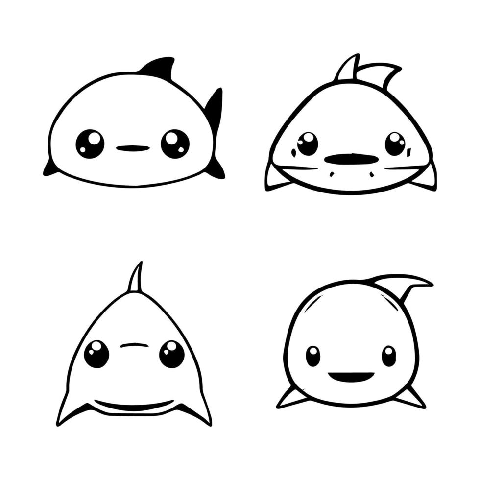 A collection of cute and charming kawaii shark logos, each Hand drawn in whimsical line art style. Perfect for branding and merchandise design vector