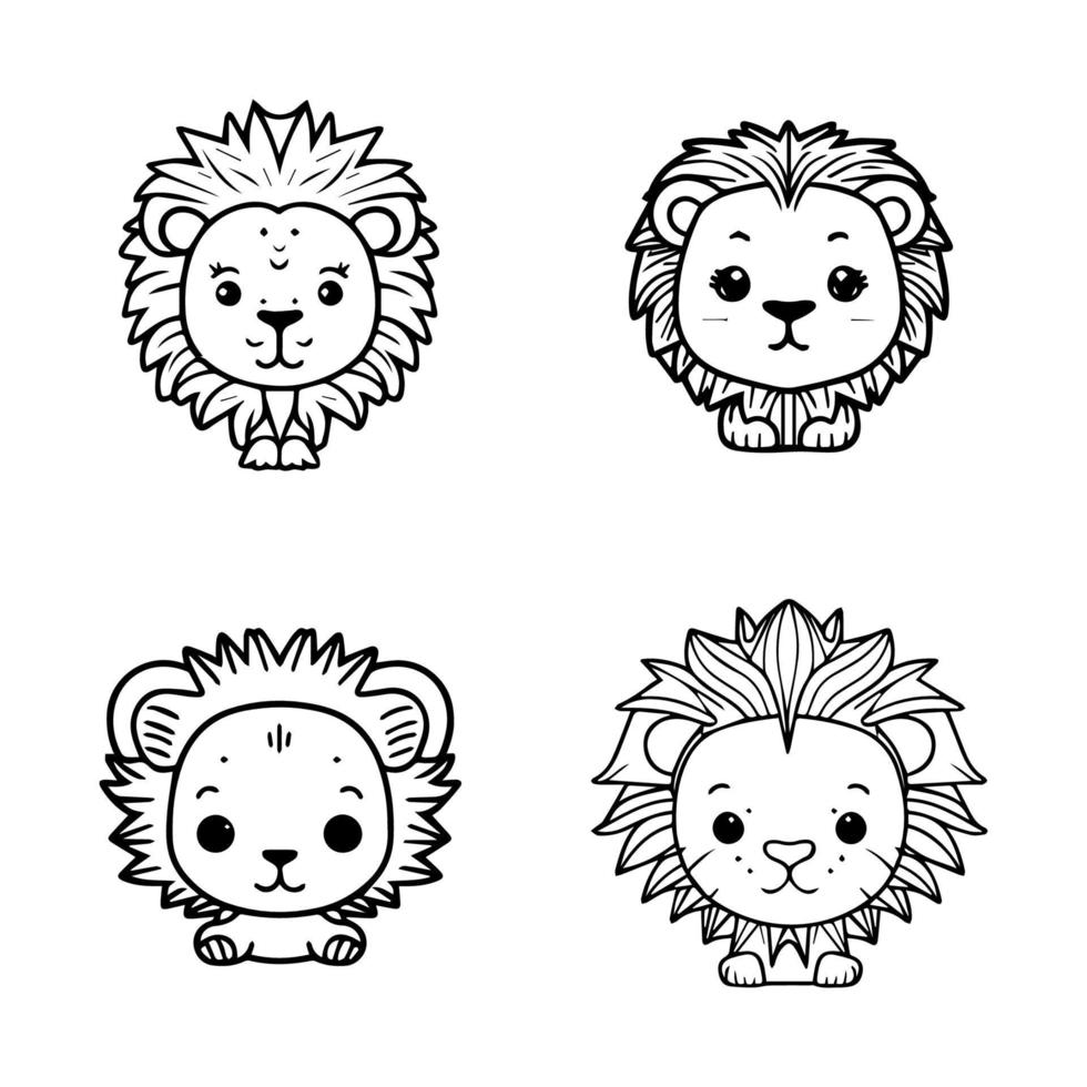 Adorable anime lion head collection set, with cute and detailed Hand drawn illustrations in line art style. Perfect for kids' products and designs vector