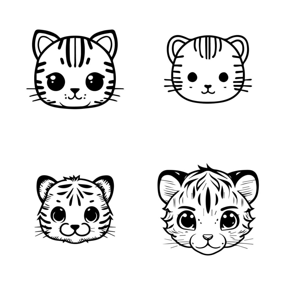 A set of Hand drawn, cute kawaii tiger head logos, featuring various expressions and poses in charming anime style illustrations vector