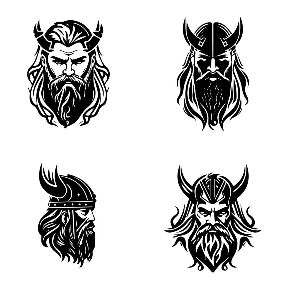 Explore the fierce and fearless spirit of ancient Scandinavia with this Viking head logo silhouette collection set, Hand drawn for a unique touch vector