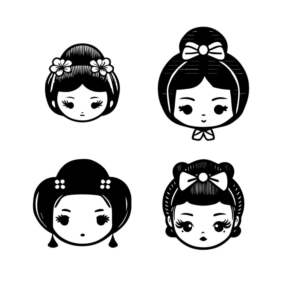 cautivador y encantador mano dibujado kawaii colección conjunto presentando linda anime japonés geisha cabezas, exhibiendo tradicional elegancia y gracia vector