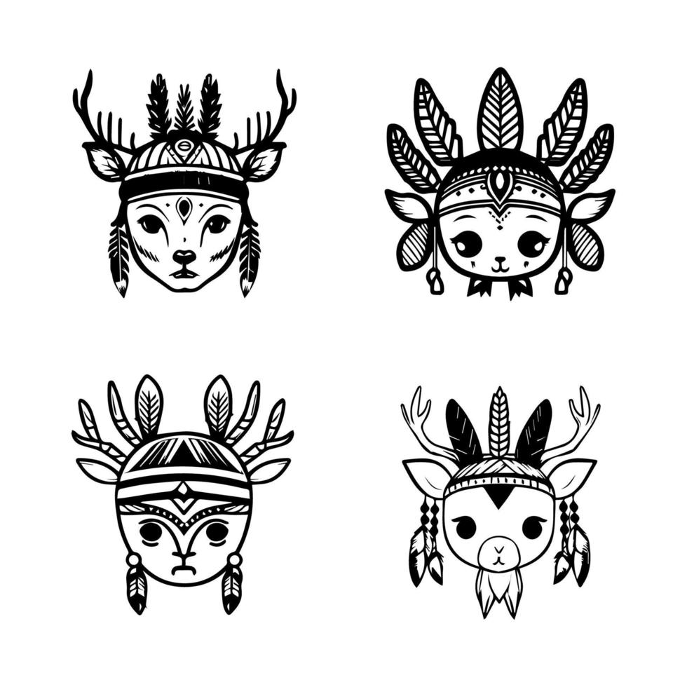 un linda kawaii ciervo cabeza logo colección colocar, adornado con indio jefe accesorios. mano dibujado con amor y intrincado detalles vector