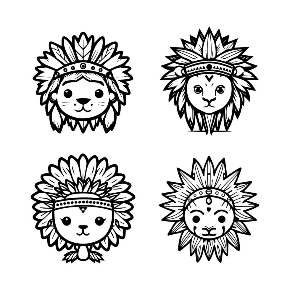 Roar with cuteness. Our kawaii lion head wearing Indian chief accessories collection is here. Hand drawn with love, these illustrations are sure to add a playful touch to your project vector