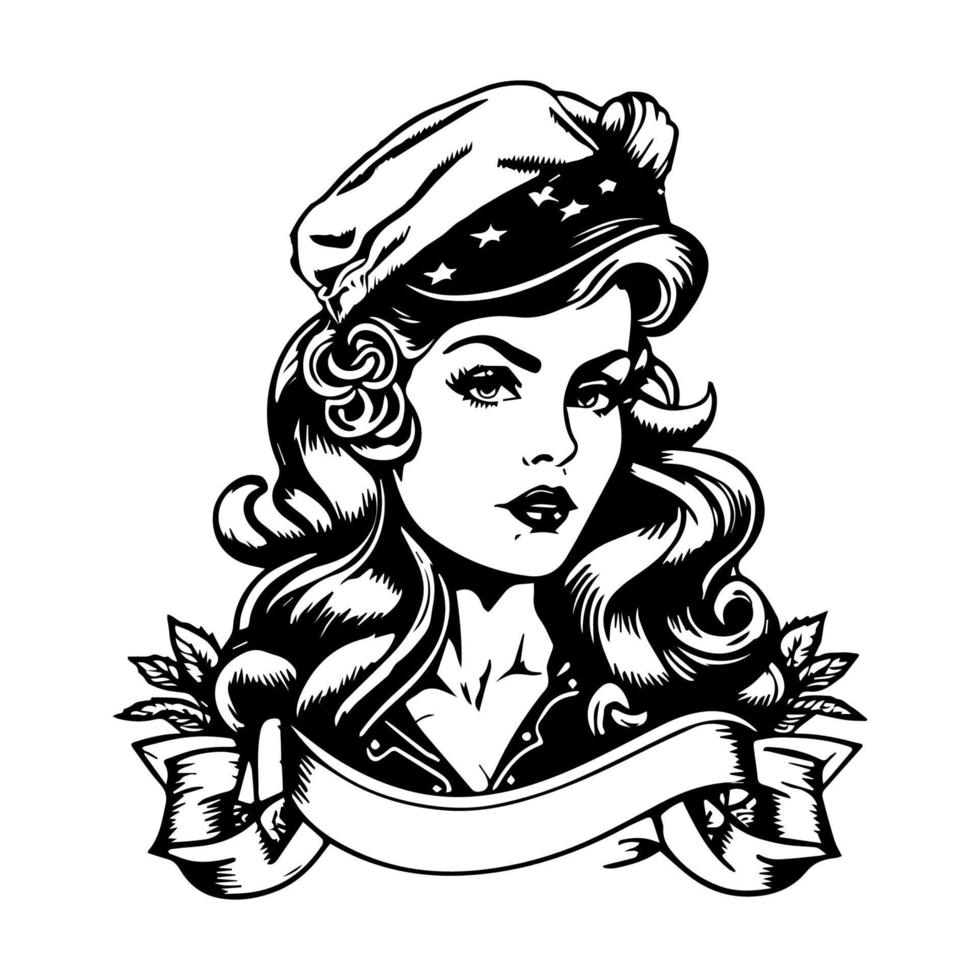 Stunningly beautiful Hand drawn black and white tattoo design of a girl, showcasing intricate details and a timeless aesthetic vector