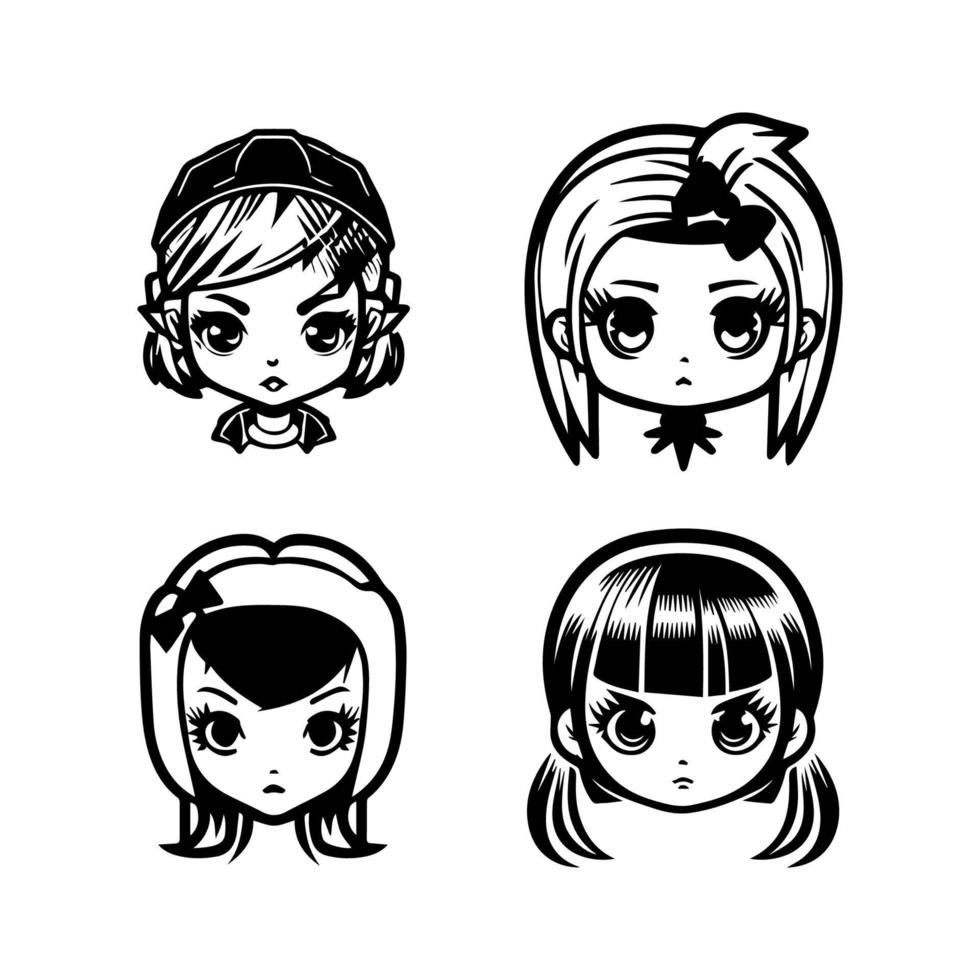 Charming and playful Hand drawn kawaii gangster girl collection set, featuring cute and quirky line art illustrations with a hint of attitude vector