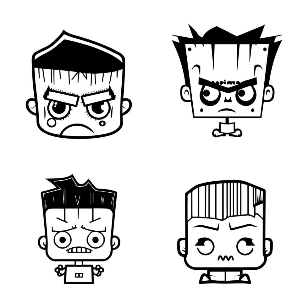 Whimsical and playful Hand drawn collection set of cute anime Frankenstein heads, showcasing the lovable side of this iconic monster vector