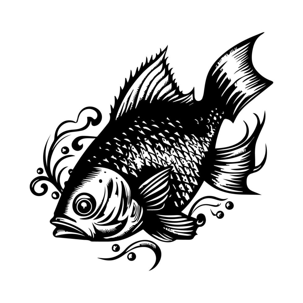 Beautiful and elegant Hand drawn line art illustration of a fish in black and white, showcasing the simplicity and grace of aquatic life vector