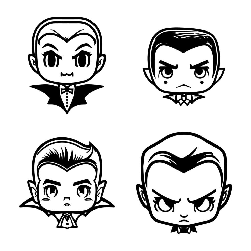 Charming and playful collection of Hand drawn line art illustrations featuring cute Dracula heads, perfect for Halloween or any occasion vector