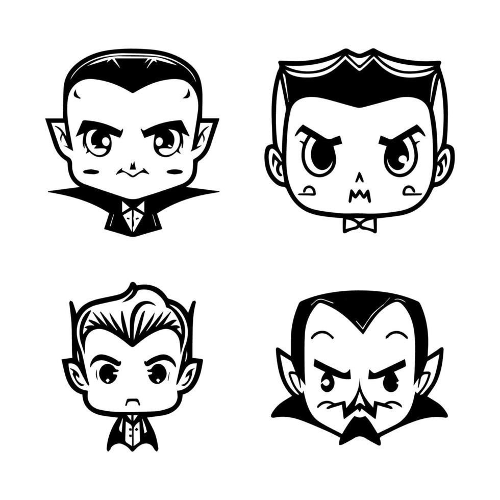 Charming and playful collection of Hand drawn line art illustrations featuring cute Dracula heads, perfect for Halloween or any occasion vector