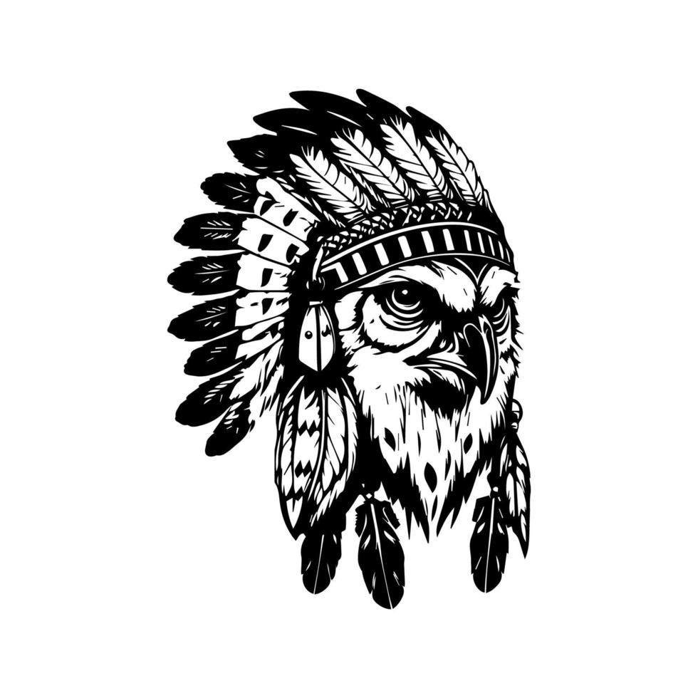 A majestic owl wearing an Indian chief headdress, Hand drawn in detailed and intricate line art illustration vector