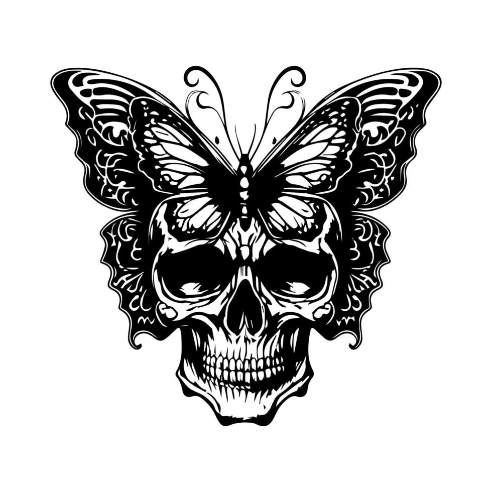 A stunning black and white line art illustration of a skull with a butterfly body, intricately Hand drawn to capture its beauty and mystery vector