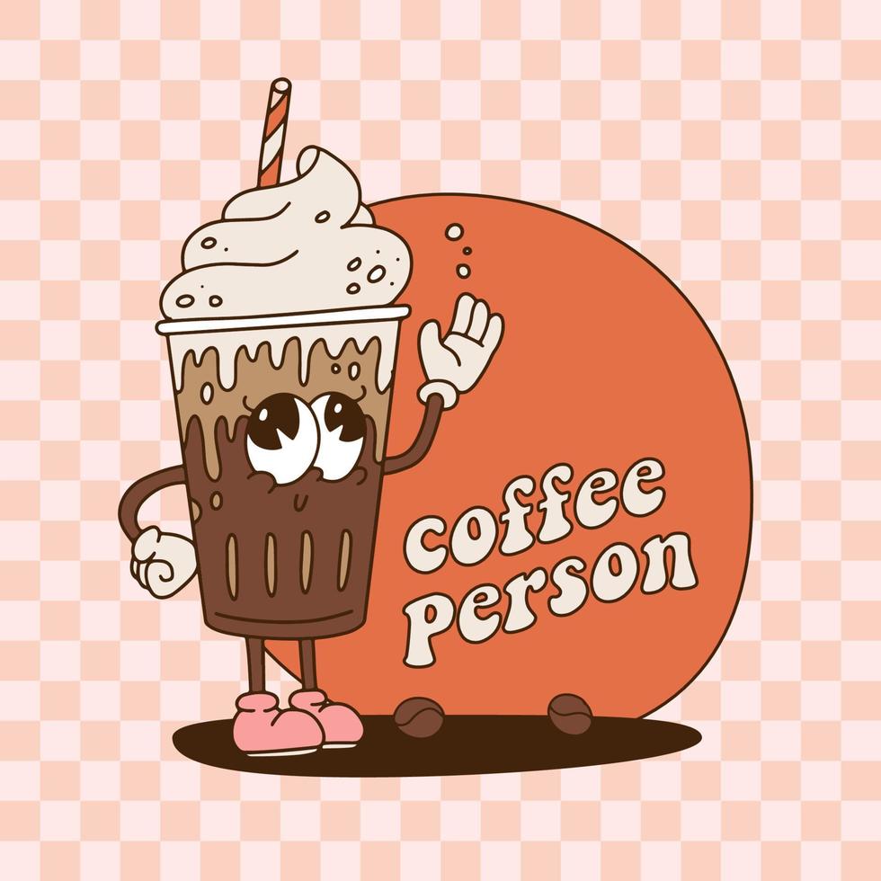 maravilloso retro dibujos animados café persona bandera modelo. 70s Clásico café mascota en el plastico o vaso taza con crema. vector contorno ilustración. frio gracioso tipo en 60s nostálgico estilo