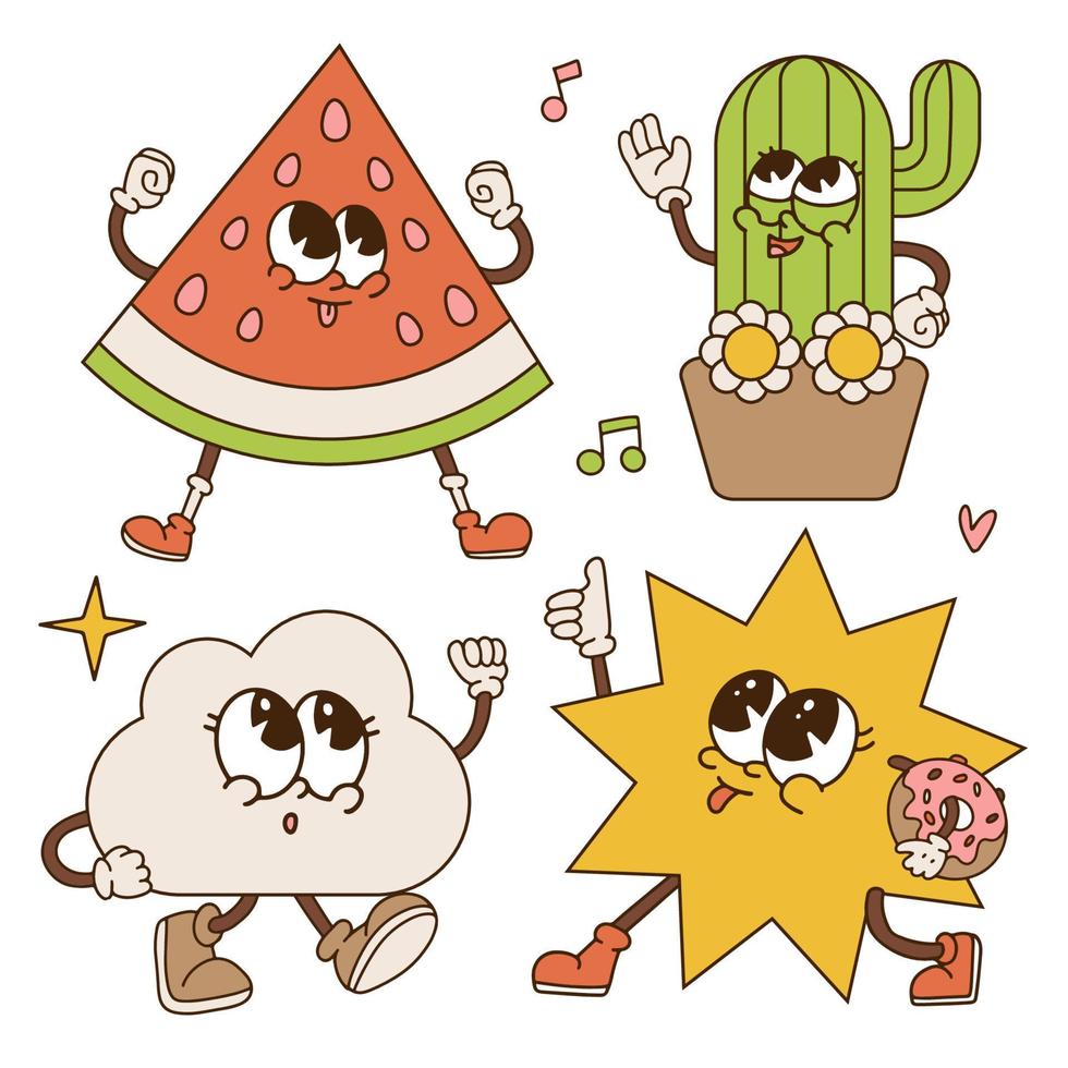 Retro set of summer groovy mascots. Funny characters of flower , potted cactus, sun, cloud, watermelon with groovy face emotion and gestures of comical gloves hands. Vector hand drawn hippie design.