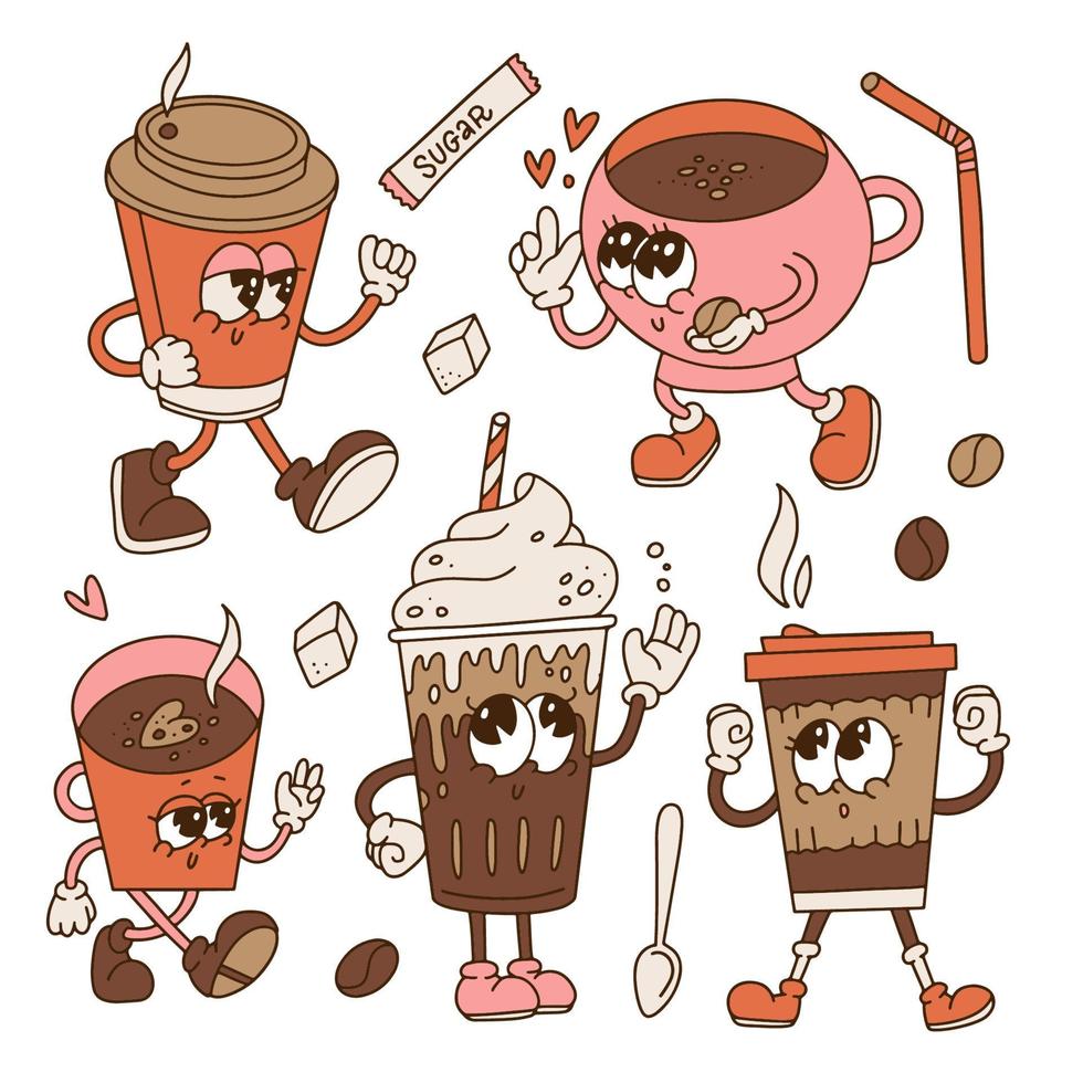 Hand drawn retro cartoon design trendy coffee cup character set. Paper cups and mugs mascot element collection. 70s-80s groovy contour vector illustration.