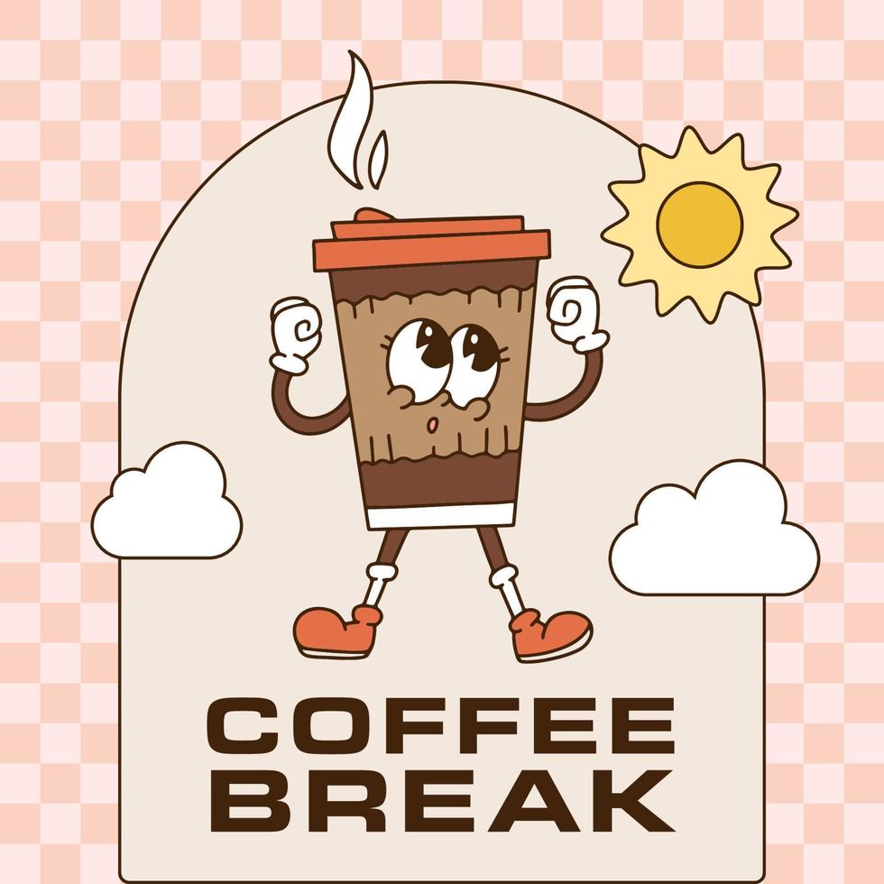 Coffee print design with full of energy cup of coffee mascot and text composition - Cofffe break - isolated on checkered vintage background. Vector contour illustration.