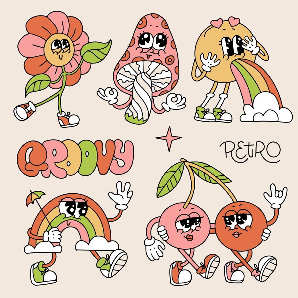 Retro 70s psychedelic characters set. Cartoon funky groovy hippie mascots - mushroom, flower, cherries, rainbow, melting emoji. Contour hand drawn illustration. vector