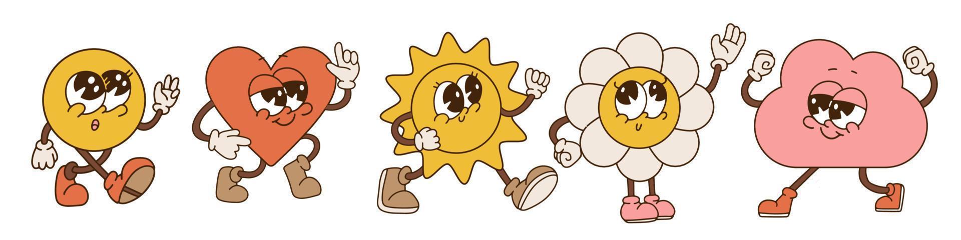 Set of retro cartoon stickers with abstract comic characters with gloved hands. Modern illustration with cute comic mascots. Hand drawn circle, heart, sun, flower and cloud. Vector illustration.