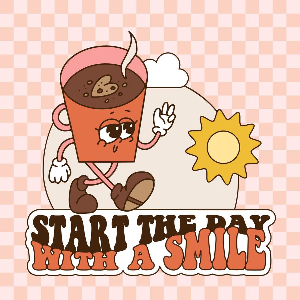 Start the day with a smile - Hand drawn contour card or banner design with trendy retro cartoon coffee cup character walking in the morning. Vintage contour illustration with groovy text. vector