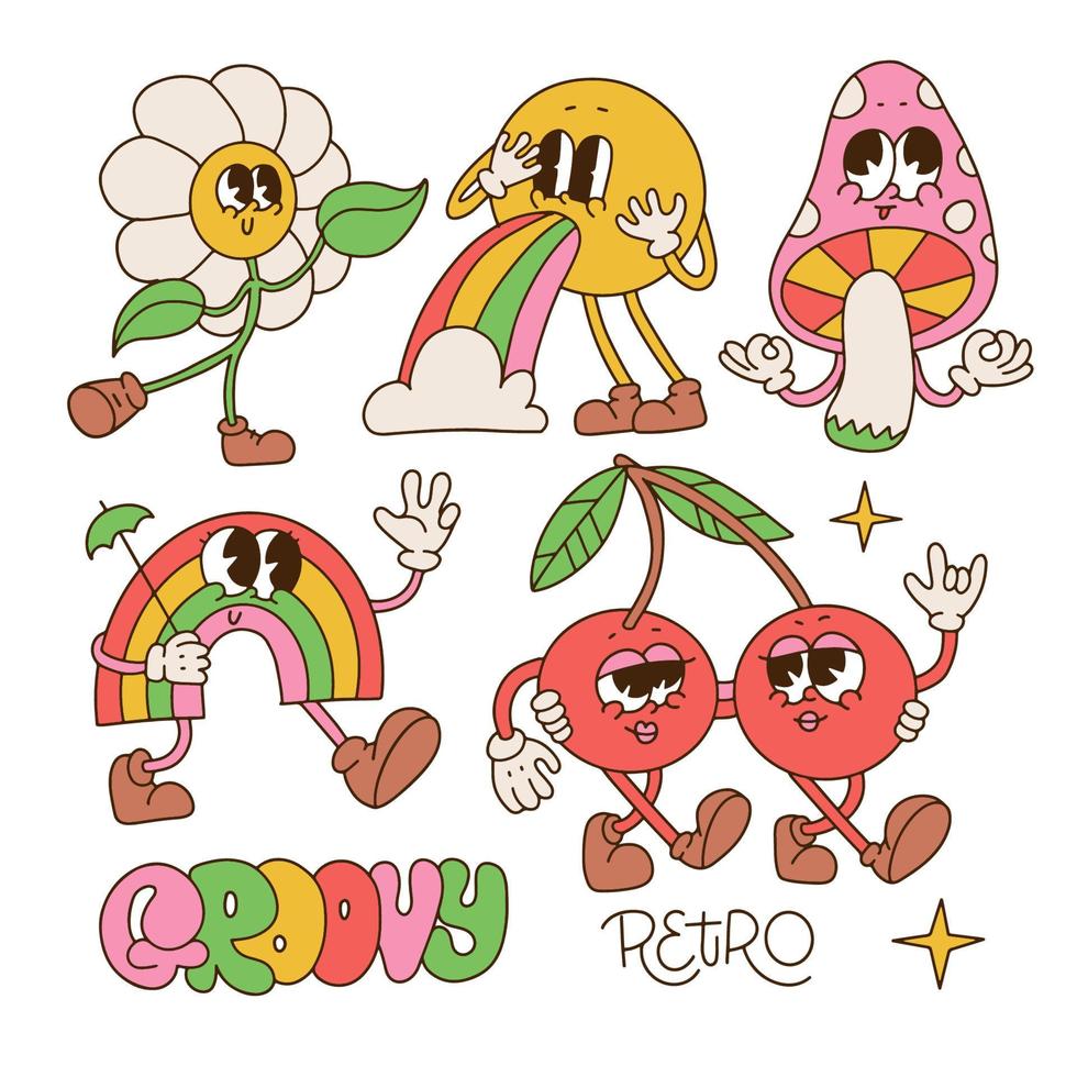 Fun groovy retro clipart characters set. 70s, 80s, 90s vintage cartoon style. Patches, pins, stickers templates. Comic mascots. Vectoc trendy nostalgic aesthetic flower, cherry, mushroom, rainbow. vector