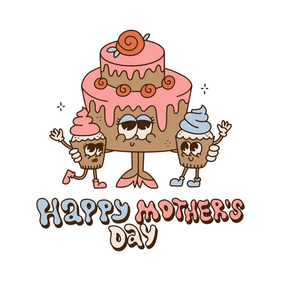 Cake and two little cupcakes family. Retro cartoon Characters. Groovy mom with son amd daughter. Nostalgic poster with lettering Happy Mothers Day. Vector contour Illustration. Hippie 60s - 80s style