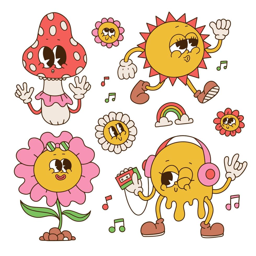 conjunto de retro dibujos animados caracteres con cara expresiones retro maravilloso contorno gráfico flores, champiñón, derritiendo amarillo emojis, Dom. Clásico 70s estilo pegatinas linda vistoso vector ilustración.